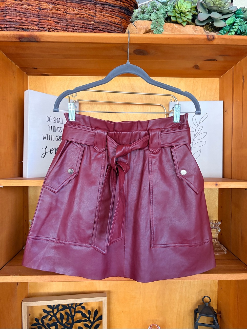 Zara Burgundy Faux Leather Mini Skirt Belted Utility Moto Western Fall - Picture 2 of 7